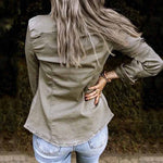 Veste en jean plissée à col à revers de couleur unie