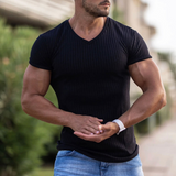 T-shirt en maille col V respirant de couleur unie