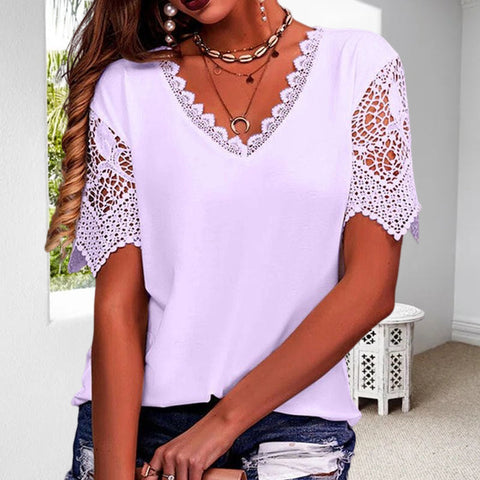 T-shirt Á Manches Courtes Et Col En V Ample En Dentelle Pour Femmes