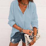 Chemise Décontractée En Coton Et Lin Rayé Á Col En V