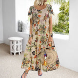 Robe Á Col Rond Á Manches Courtes Et Imprimé Floral En Coton Et Lin Vintage