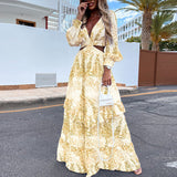 Robe Élégante Imprimée Á Col En V Et Á Manches Longues