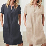 Robe ample en coton lin à manches courtes et col montant
