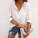 Chemise Décontractée En Coton Et Lin Rayé Á Col En V