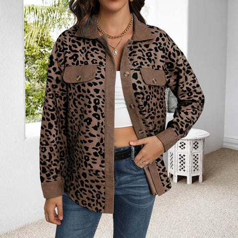 Veste en Velours Côtelé à Imprimé Léopard