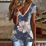T-shirt imprimé à col en V en faux coton