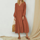 Robe à manches ballon ample en coton et lin pour femmes