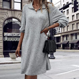 Robe Droite de Couleur Unie avec Manches Longues et Fermeture Éclair