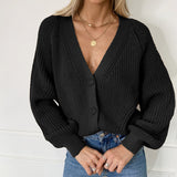 Pull en Tricot Boutonné à Manches Bouffantes et Col en V de Couleur Unie