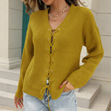 Chandail En Tricot Uni Á Encolure En V Et Á Lacets