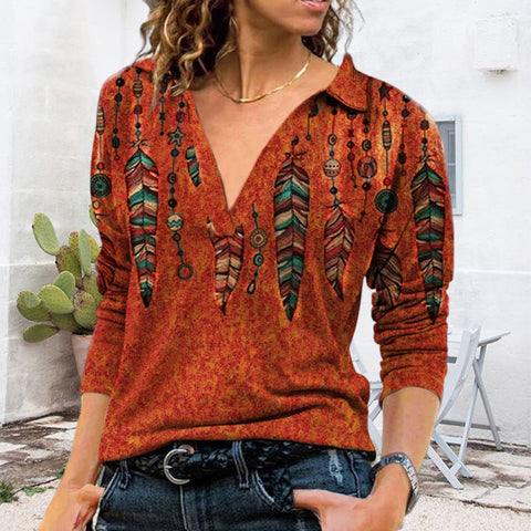 T-shirt à col en V et imprimé vintage