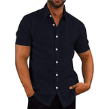 Chemise boutonnée à manches courtes en lin de couleur unie pour hommes
