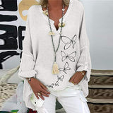 Chemise col V en coton et lin à imprimé papillons