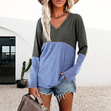 T-shirt décontracté à manches longues et col en V de couleur contrastée