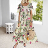 Robe Á Col Rond Á Manches Courtes Et Imprimé Floral En Coton Et Lin Vintage