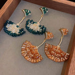 Boucles d'oreilles feuille de ginkgo en forme d'éventail en cristal incrusté de diamants