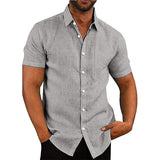 Chemise boutonnée à manches courtes en lin de couleur unie pour hommes