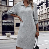 Robe Droite de Couleur Unie avec Manches Longues et Fermeture Éclair