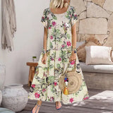 Robe Á Col Rond Á Manches Courtes Et Imprimé Floral En Coton Et Lin Vintage