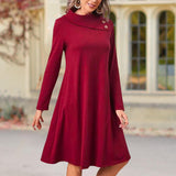 Robe de Noël de Couleur Unie avec Des Boutons Élégants