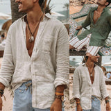 Chemise à Manches Longues Ample en Coton et Lin de Couleur Unie pour Hommes