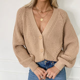 Pull en Tricot Boutonné à Manches Bouffantes et Col en V de Couleur Unie