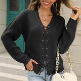 Chandail En Tricot Uni Á Encolure En V Et Á Lacets