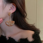 Boucles d'oreilles feuille de ginkgo en forme d'éventail en cristal incrusté de diamants