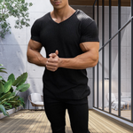 T-shirt en maille col V respirant de couleur unie