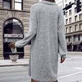 Robe Droite de Couleur Unie avec Manches Longues et Fermeture Éclair