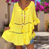 Haut ample à col en V en coton et lin