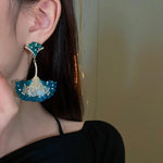 Boucles d'oreilles feuille de ginkgo en forme d'éventail en cristal incrusté de diamants