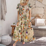 Robe Á Col Rond Á Manches Courtes Et Imprimé Floral En Coton Et Lin Vintage