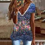 T-shirt imprimé à col en V en faux coton