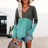 T-shirt décontracté à manches longues et col en V de couleur contrastée