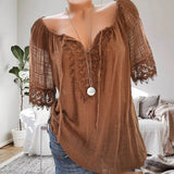 Chemise en dentelle unie à col en V pour femmes
