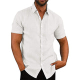 Chemise boutonnée à manches courtes en lin de couleur unie pour hommes