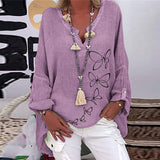 Chemise col V en coton et lin à imprimé papillons