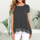 T-shirt ample à col rond et dentelle pour femme