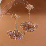Boucles d'oreilles feuille de ginkgo en forme d'éventail en cristal incrusté de diamants