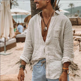 Chemise à Manches Longues Ample en Coton et Lin de Couleur Unie pour Hommes