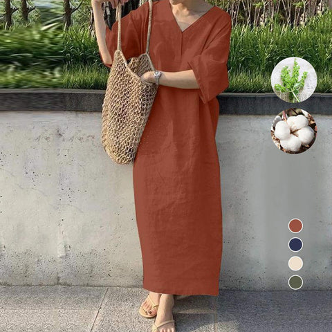 Robe d'été col V en lin et coton