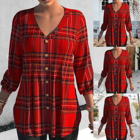 Chemisier à Carreaux Col en V avec Boutons