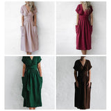 Robe d'été à col en V en coton et lin de couleur unie