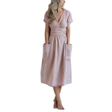 Robe d'été à col en V en coton et lin de couleur unie