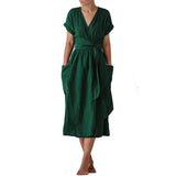 Robe d'été à col en V en coton et lin de couleur unie