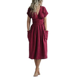 Robe d'été à col en V en coton et lin de couleur unie