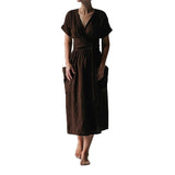 Robe d'été à col en V en coton et lin de couleur unie