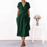 Robe d'été à col en V en coton et lin de couleur unie