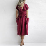 Robe d'été à col en V en coton et lin de couleur unie